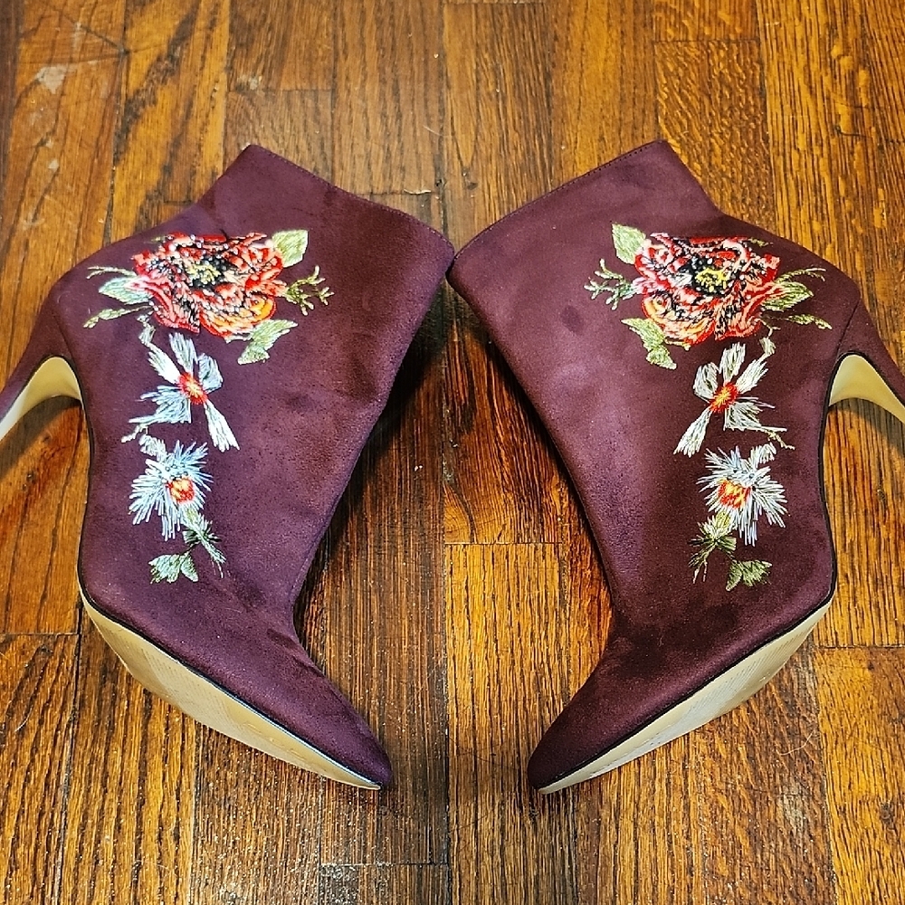 Bebe Delonix Gorgeous Eggplant Heeled Boots with Floral Embroidery - Picture 4 of 9